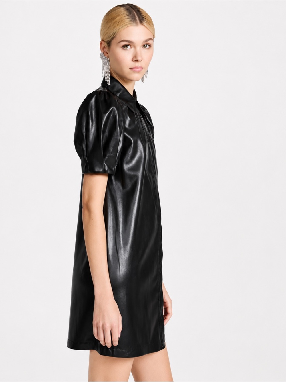 Alice + Olivia Jem Vegan Leather Puff Sleeve Mini Dress Black Size S - Picture 2 of 15